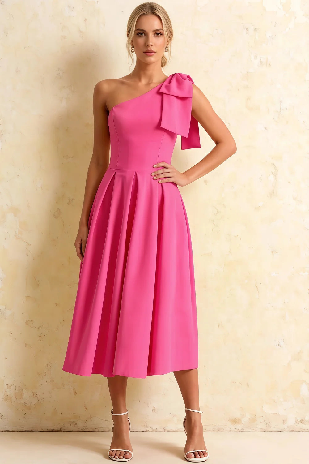 Giselle Hot Pink Asymmetric Draped Midi Dress with Bow Sleeve