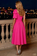Giselle Hot Pink Asymmetric Draped Midi Dress with Bow Sleeve