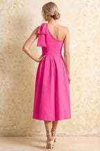 Giselle Hot Pink Asymmetric Draped Midi Dress with Bow Sleeve