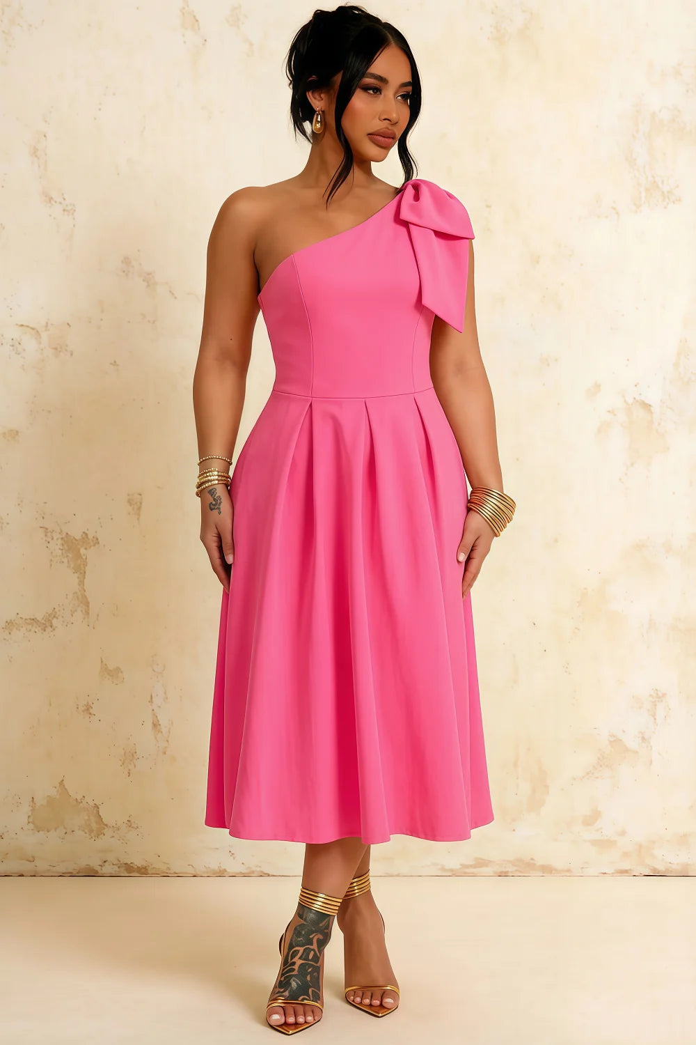 Giselle Hot Pink Asymmetric Draped Midi Dress with Bow Sleeve
