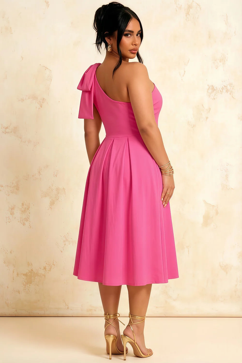Giselle Hot Pink Asymmetric Draped Midi Dress with Bow Sleeve