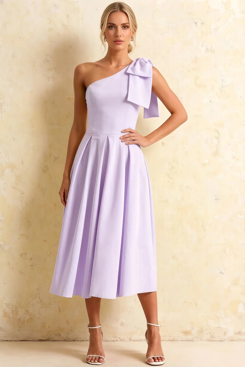 Giselle Lavender Asymmetric Gathered Midi Dress with Bow Main image