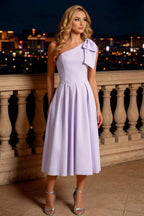 Giselle Lavender Asymmetric Gathered Midi Dress with Bow