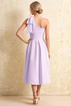 Giselle Lavender Asymmetric Gathered Midi Dress with Bow