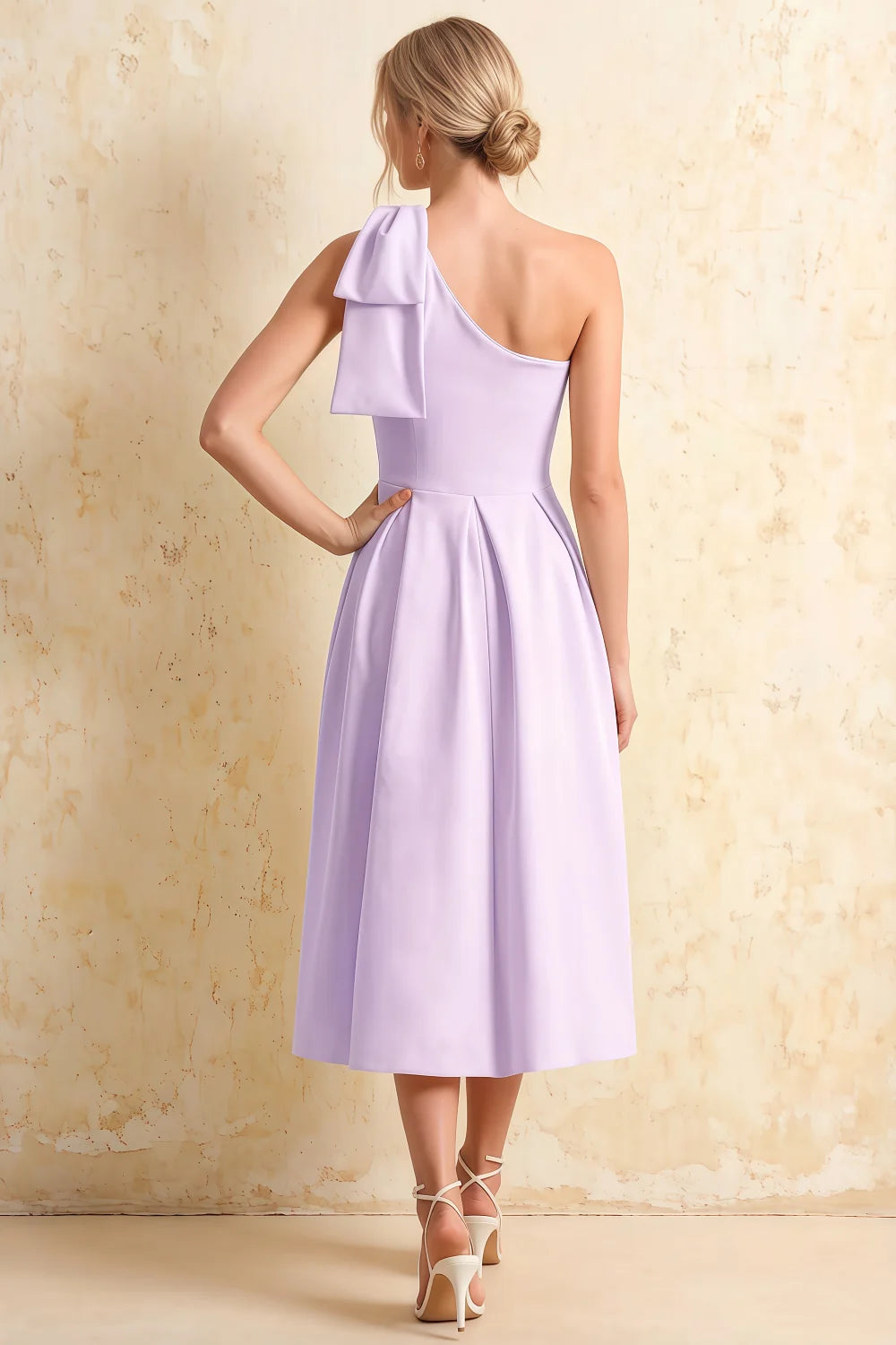 Giselle Lavender Asymmetric Gathered Midi Dress with Bow
