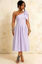 Giselle Lavender Asymmetric Gathered Midi Dress with Bow
