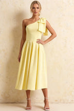 Giselle Lemon Asymmetrical Midi Dress | One Shoulder Dress with Bow
