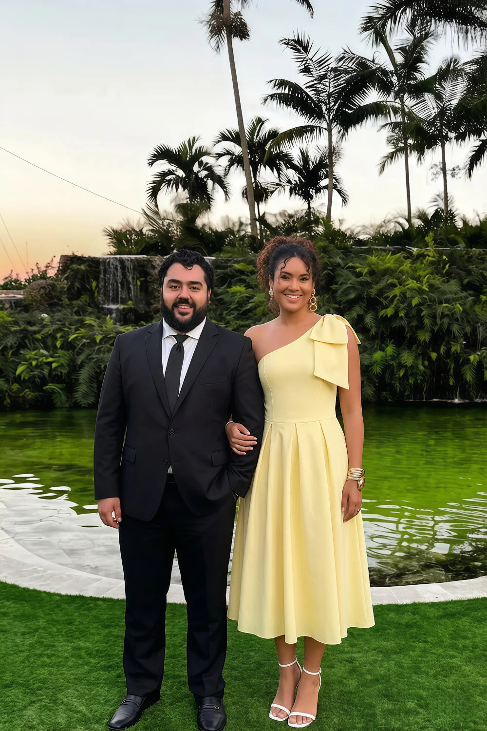 Giselle Lemon Asymmetrical Midi Dress | One Shoulder Dress with Bow