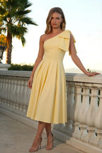 Giselle Lemon Asymmetrical Midi Dress | One Shoulder Dress with Bow