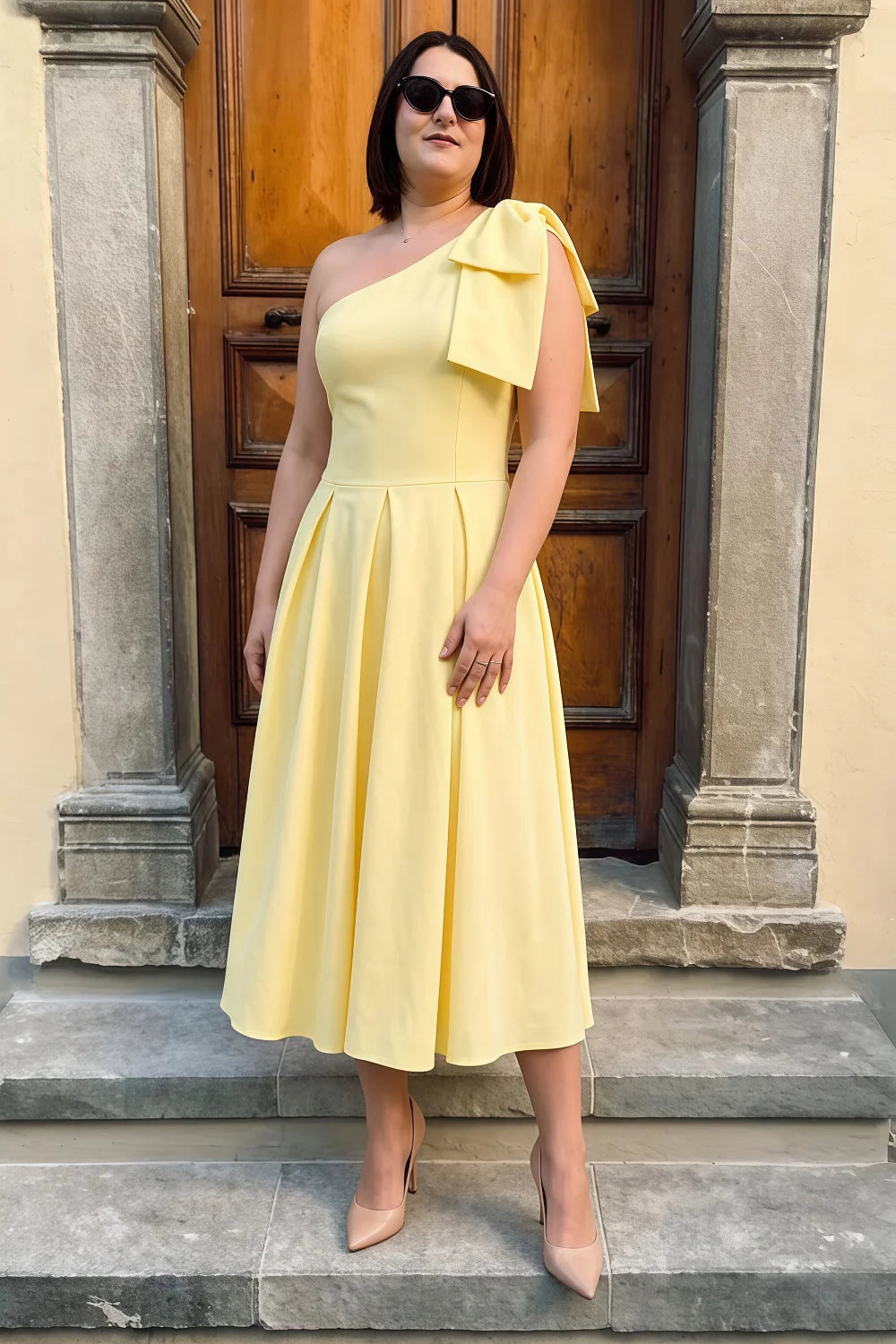 Giselle Lemon Asymmetrical Midi Dress | One Shoulder Dress with Bow