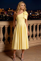 Giselle Lemon Asymmetrical Midi Dress | One Shoulder Dress with Bow