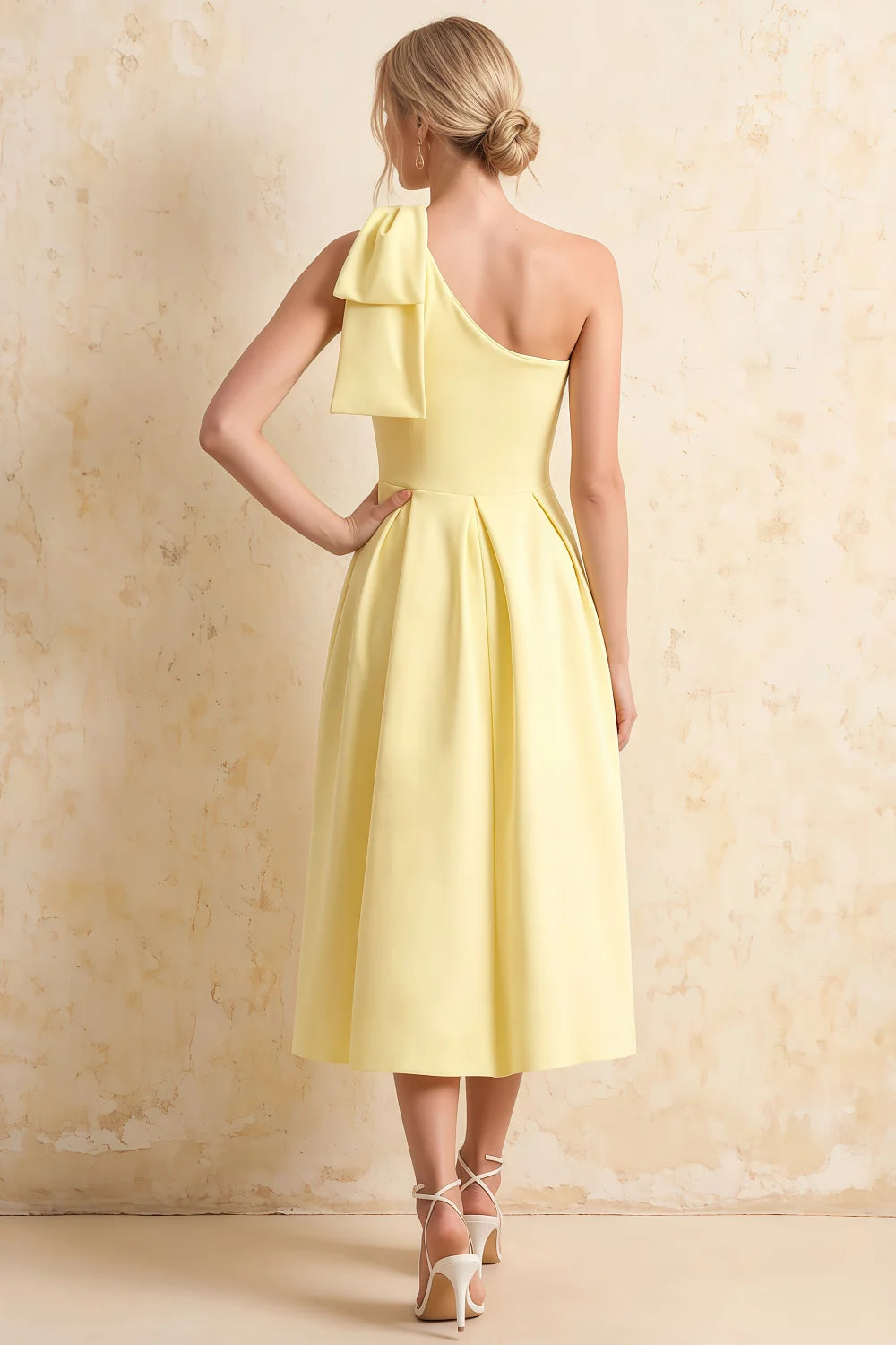 Giselle Lemon Asymmetrical Midi Dress | One Shoulder Dress with Bow
