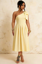 Giselle Lemon Asymmetrical Midi Dress | One Shoulder Dress with Bow
