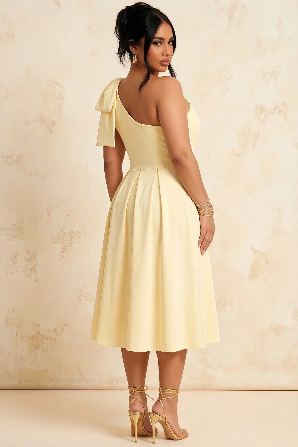 Giselle Lemon Asymmetrical Midi Dress | One Shoulder Dress with Bow