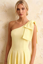 Giselle Lemon Asymmetrical Midi Dress | One Shoulder Dress with Bow