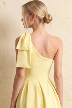 Giselle Lemon Asymmetrical Midi Dress | One Shoulder Dress with Bow