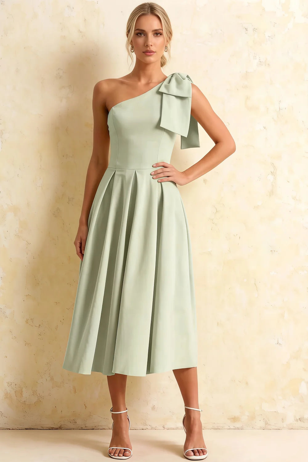Giselle Mint Asymmetric Neck Midi Dress with Bow-Sleeve Main image