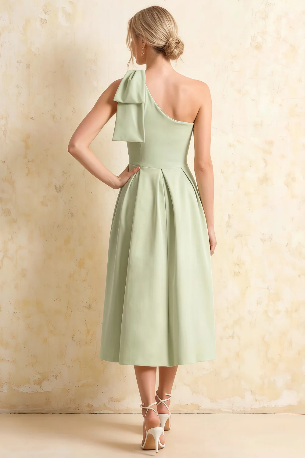 Giselle Mint Asymmetric Neck Midi Dress with Bow-Sleeve