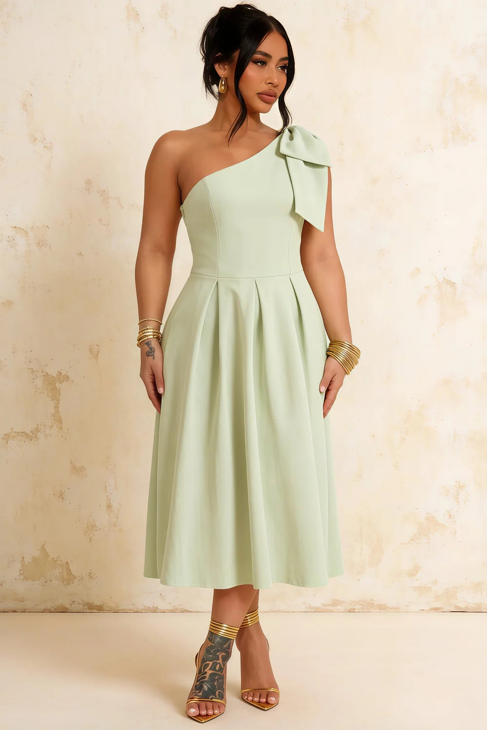 Giselle Mint Asymmetric Neck Midi Dress with Bow-Sleeve