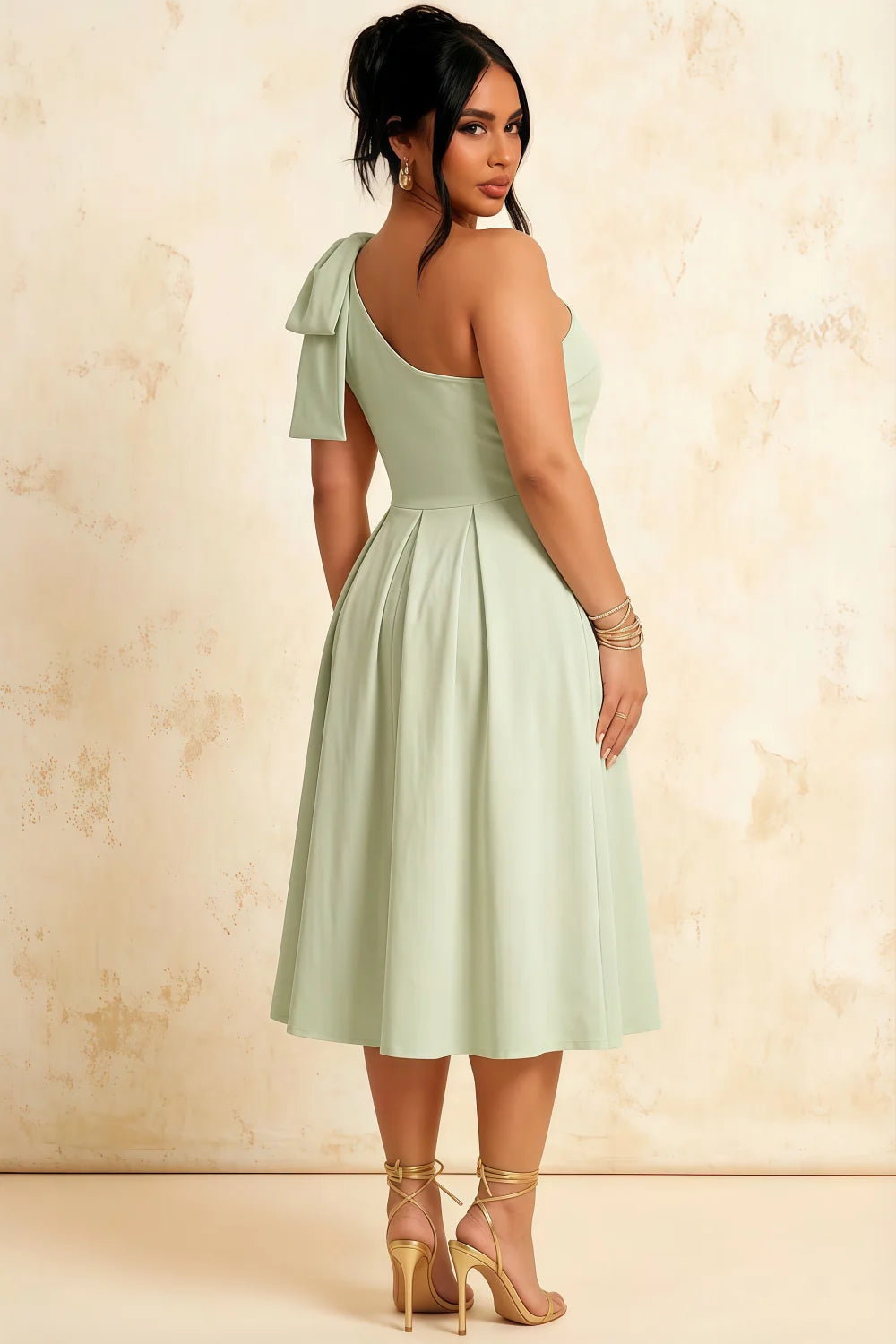 Giselle Mint Asymmetric Neck Midi Dress with Bow-Sleeve