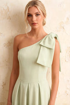 Giselle Mint Asymmetric Neck Midi Dress with Bow-Sleeve