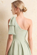 Giselle Mint Asymmetric Neck Midi Dress with Bow-Sleeve