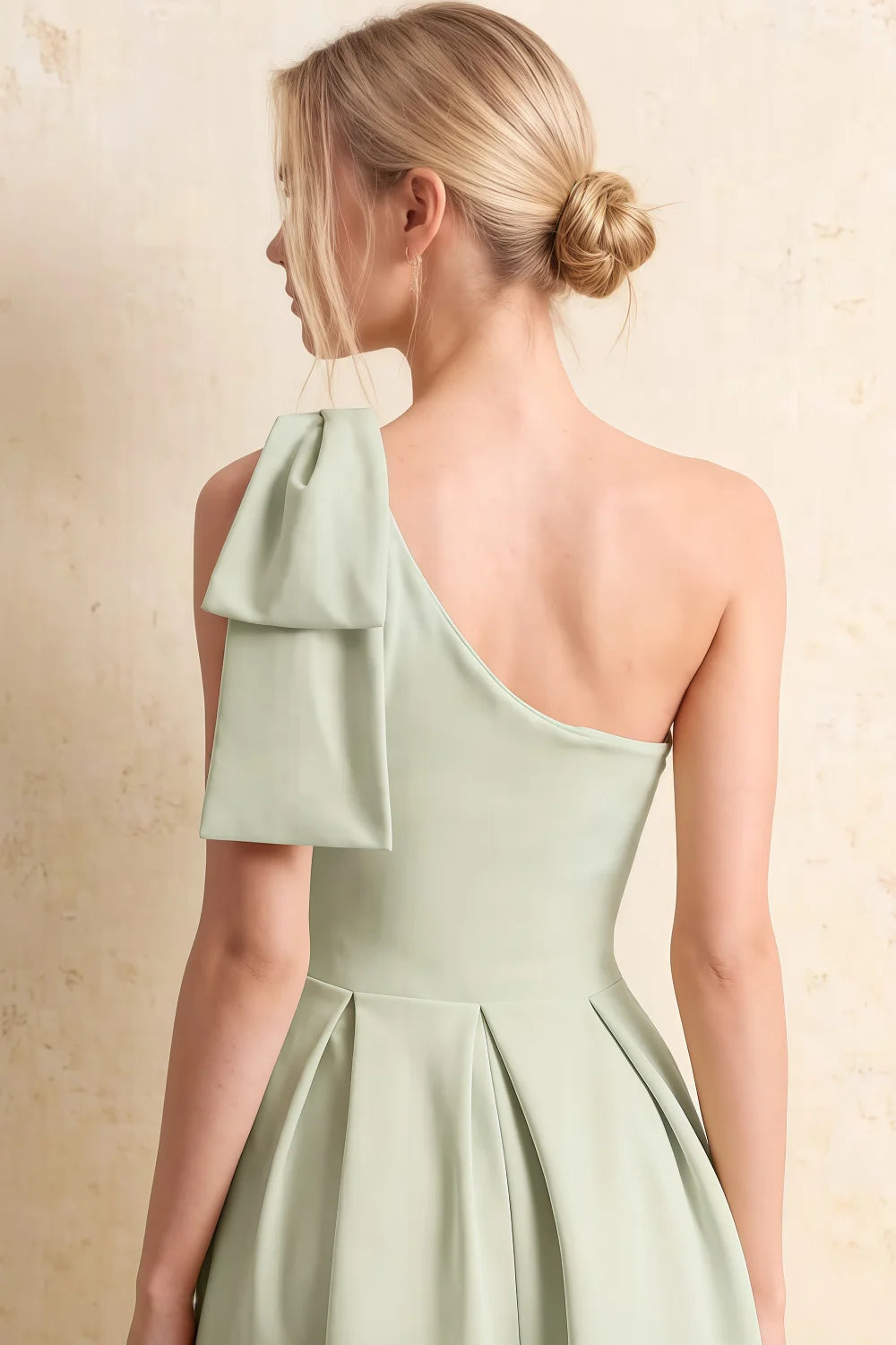Giselle Mint Asymmetric Neck Midi Dress with Bow-Sleeve