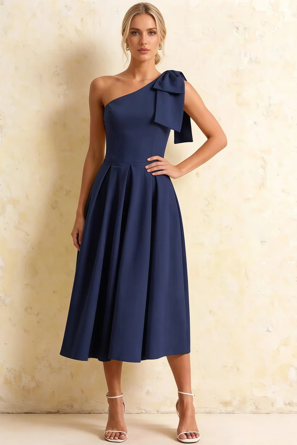 Vestido midi Giselle azul marino con escote asimétrico y lazo Imagen principal del producto