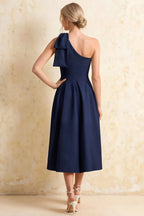 Giselle Navy Asymmetric Neckline Midi Dress with Bow