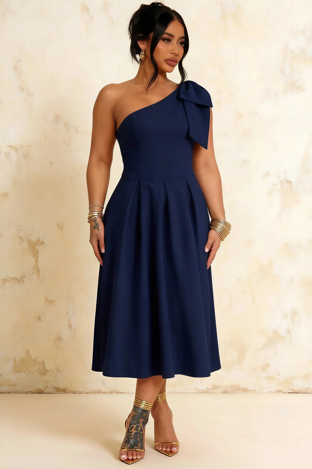 Giselle Navy Asymmetric Neckline Midi Dress with Bow