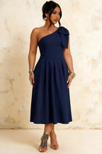 Giselle Navy Asymmetric Neckline Midi Dress with Bow