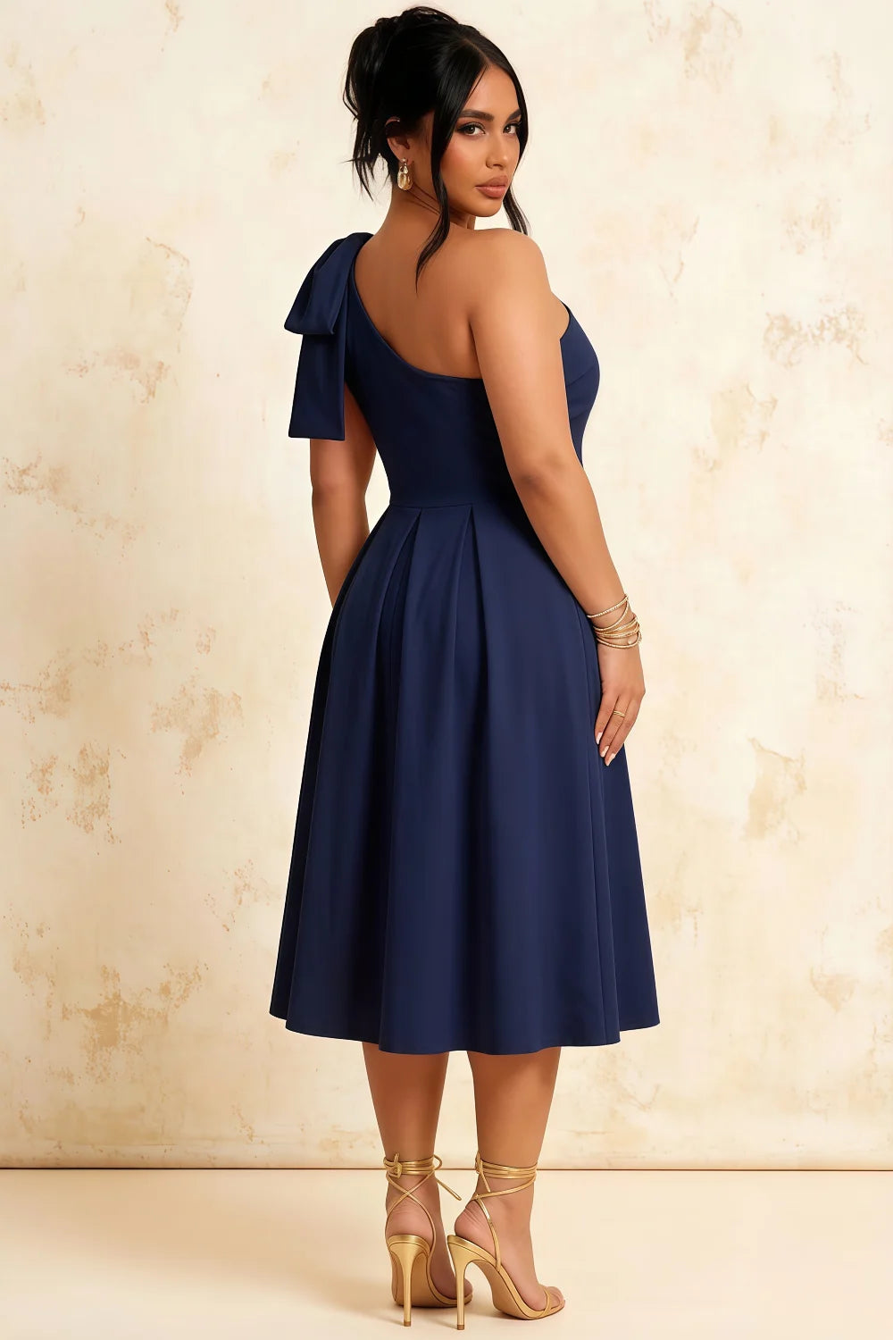 Giselle Navy Asymmetric Neckline Midi Dress with Bow