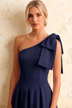 Giselle Navy Asymmetric Neckline Midi Dress with Bow