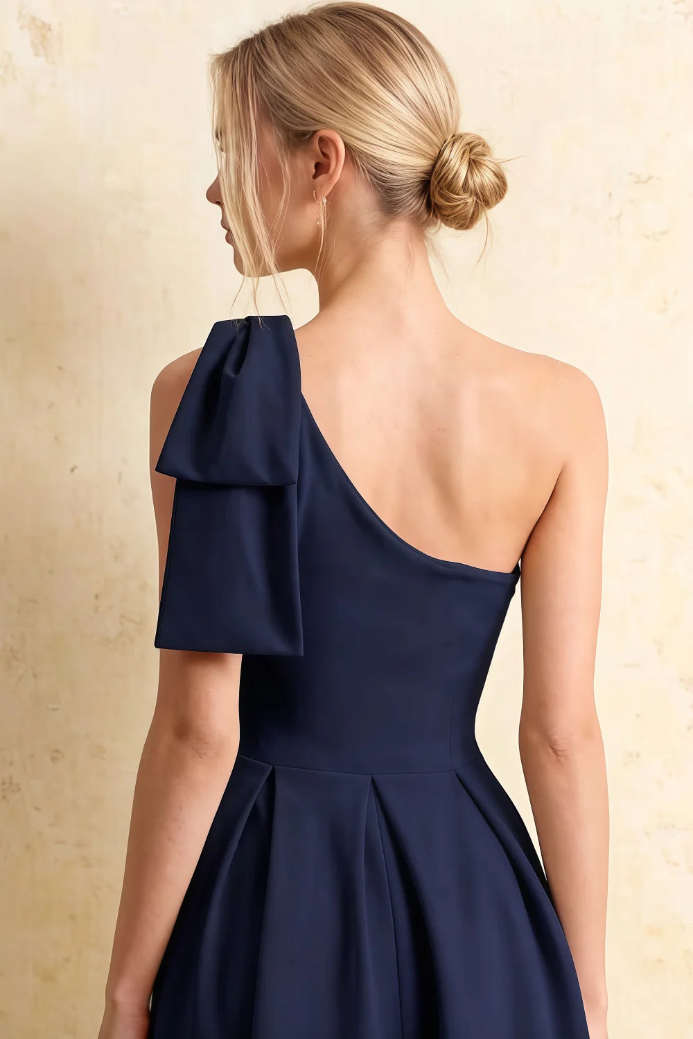 Giselle Navy Asymmetric Neckline Midi Dress with Bow