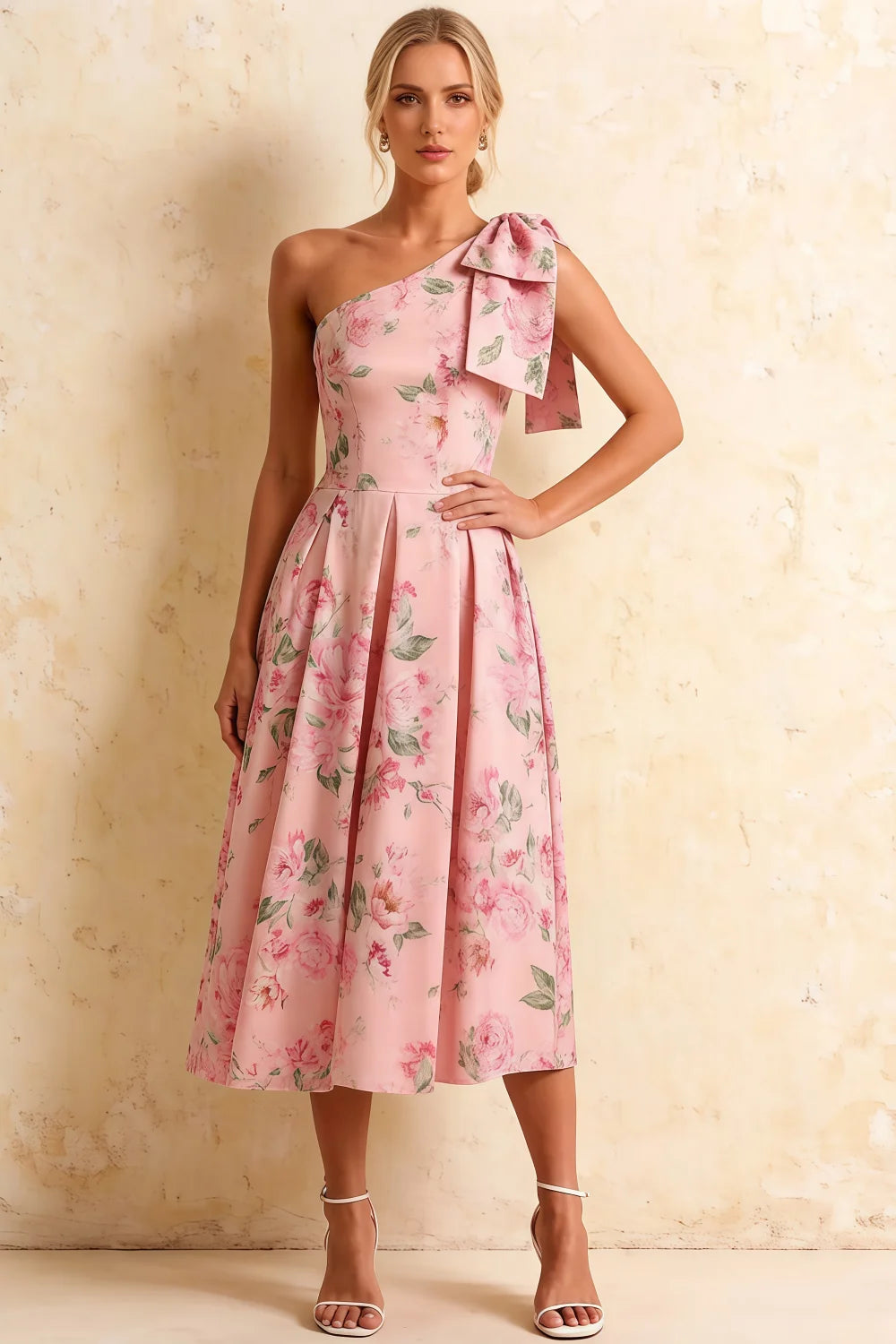 Vestido midi asimétrico Giselle floral rosa para invitada de boda Imagen principal del producto