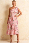 Giselle Pink Floral Asymmetric Midi Dress for Wedding Guest