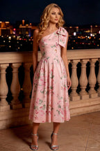 Giselle Pink Floral Asymmetric Midi Dress for Wedding Guest