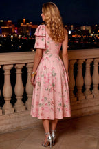 Giselle Pink Floral Asymmetric Midi Dress for Wedding Guest