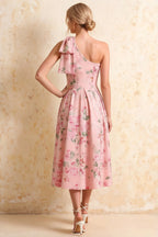 Giselle Pink Floral Asymmetric Midi Dress for Wedding Guest