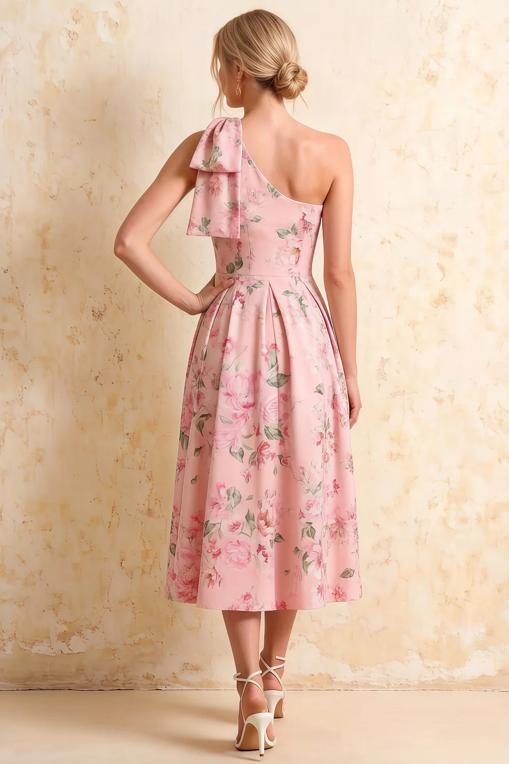 Giselle Pink Floral Asymmetric Midi Dress for Wedding Guest