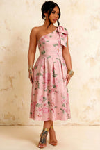Giselle Pink Floral Asymmetric Midi Dress for Wedding Guest