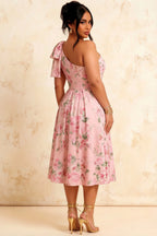 Giselle Pink Floral Asymmetric Midi Dress for Wedding Guest