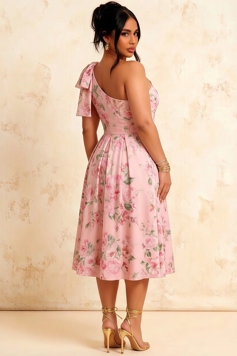 Giselle Pink Floral Asymmetric Midi Dress for Wedding Guest
