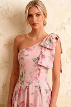 Giselle Pink Floral Asymmetric Midi Dress for Wedding Guest