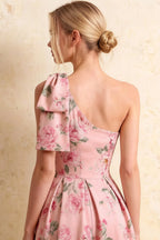Giselle Pink Floral Asymmetric Midi Dress for Wedding Guest