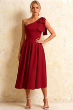 Giselle Red Asymmetric Ruched Midi Dress with Bow-Sleeve