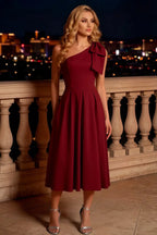 Giselle Red Asymmetric Ruched Midi Dress with Bow-Sleeve