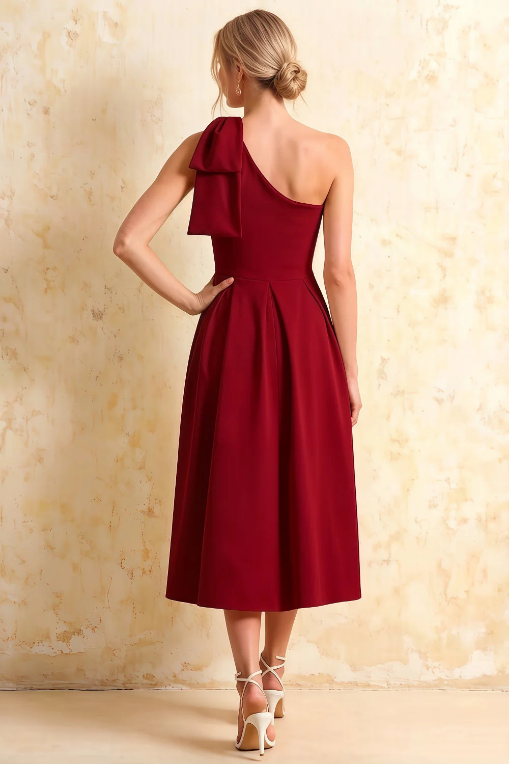 Giselle Red Asymmetric Ruched Midi Dress with Bow-Sleeve