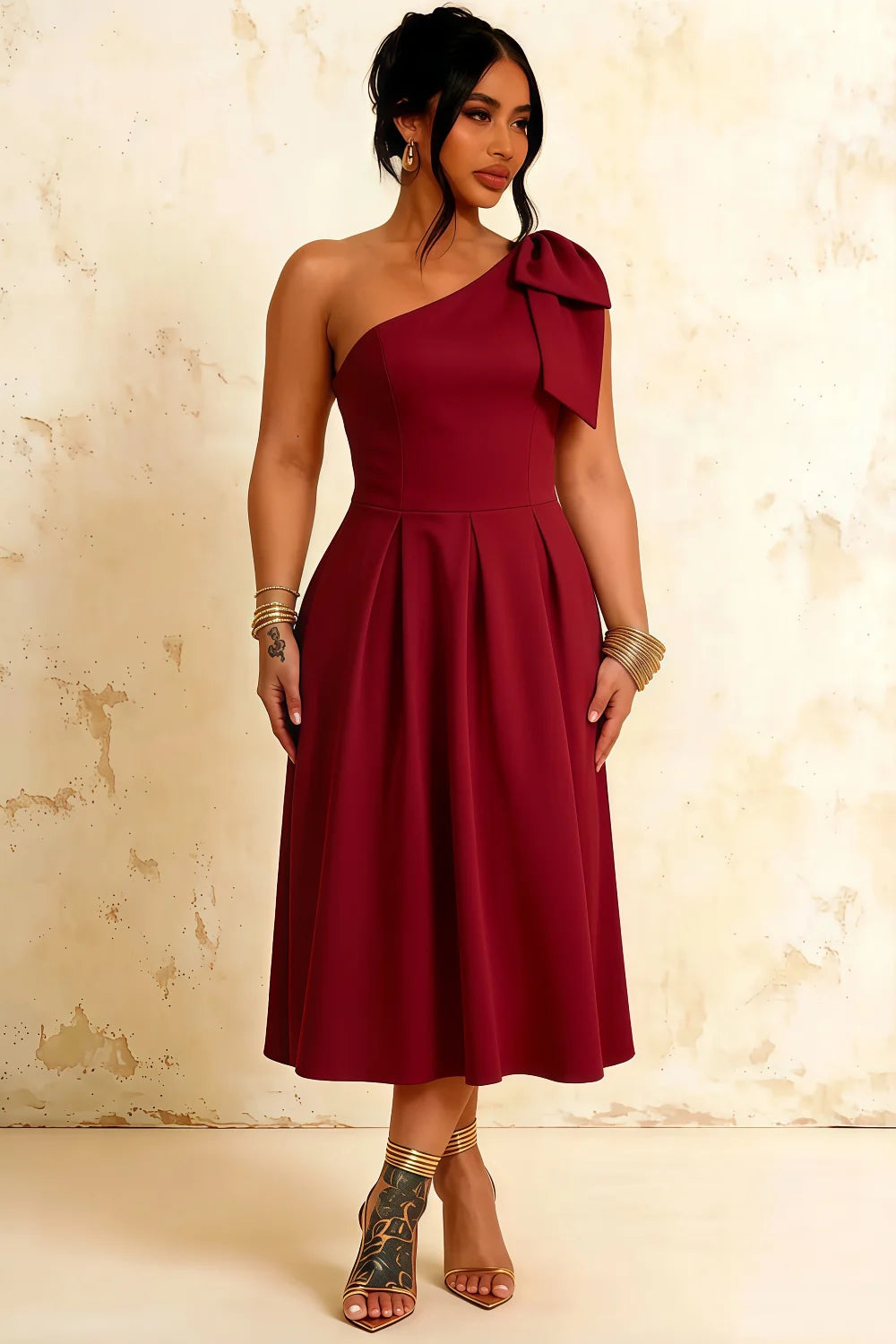 Giselle Red Asymmetric Ruched Midi Dress with Bow-Sleeve
