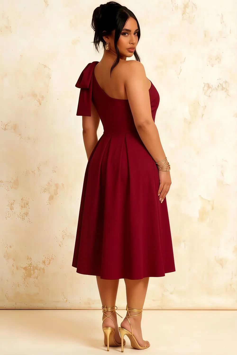 Giselle Red Asymmetric Ruched Midi Dress with Bow-Sleeve